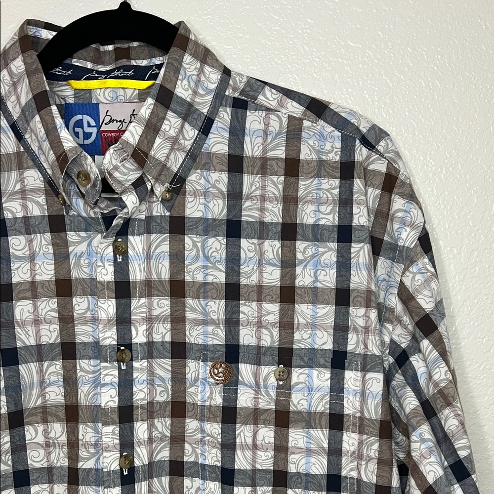 Wrangler George Strait  Men's Brown and Blue Plaid Swirl Cowboy Western Shirt LT